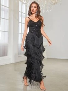 YISIKADO Fringe Trim Split Thigh Sequin Formal Dress - Black - View 4