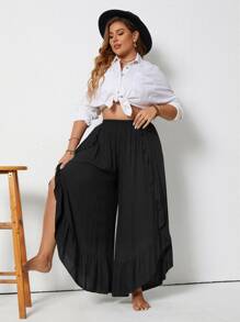 Rusttydustty Plus Ruffle Trim Split Wide Leg Trousers - Black - View 4