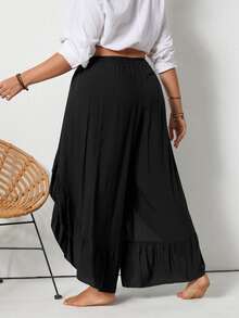 Rusttydustty Plus Ruffle Trim Split Wide Leg Trousers - Black - View 2