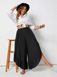 Rusttydustty Plus Ruffle Trim Split Wide Leg Trousers - Black - View 1