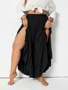 Rusttydustty Plus Ruffle Trim Split Wide Leg Trousers - Black - View 6