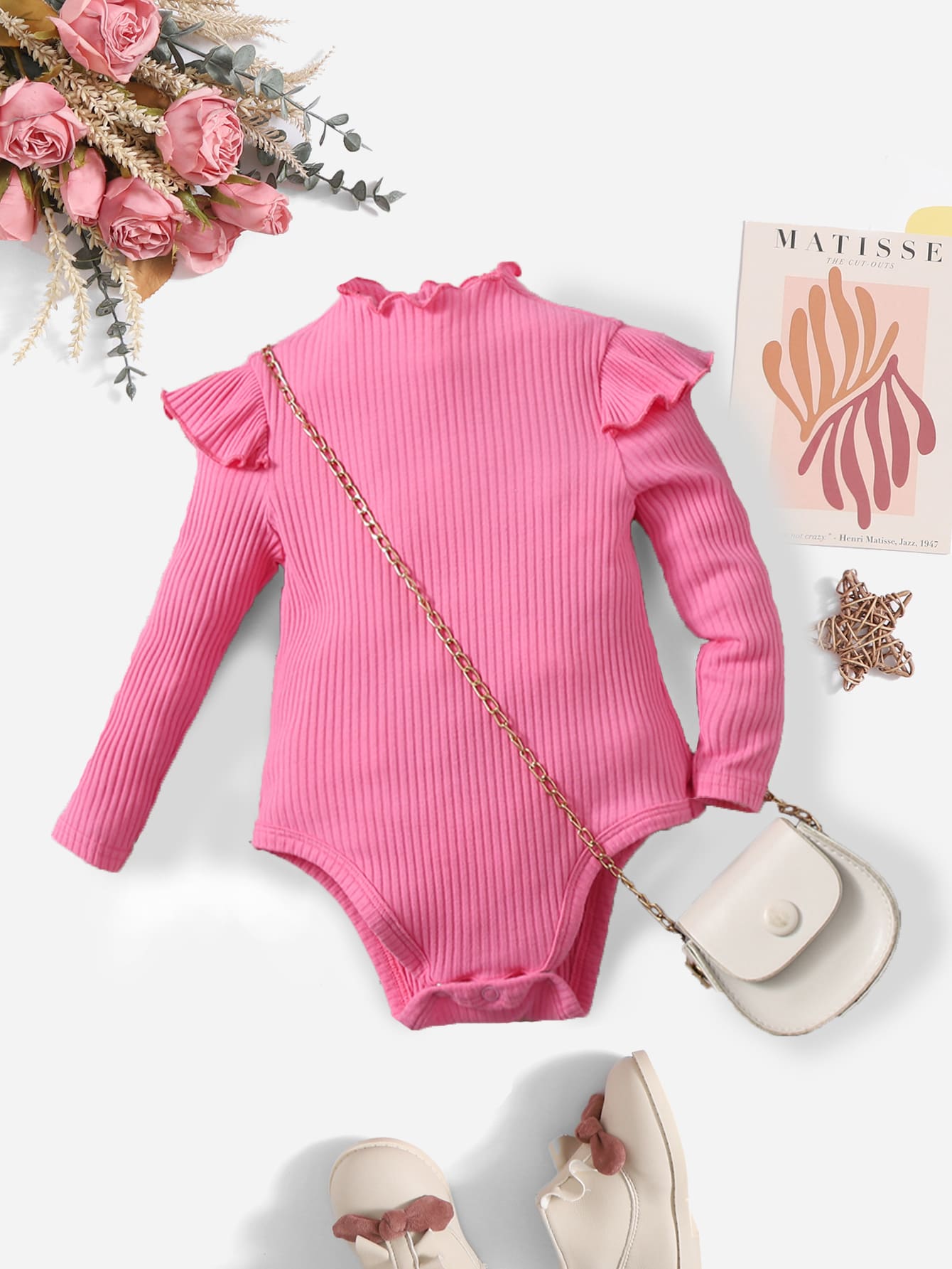 SHEIN Baby Ruffle Trim Rib-knit Bodysuit