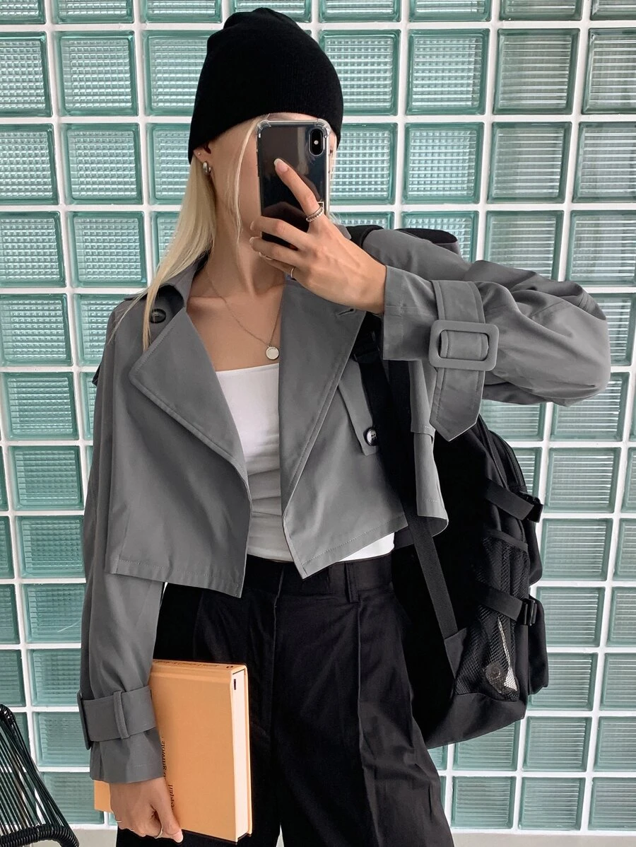 DAZY Epaulettes Design Raglan Sleeve Trench Coat - Grey - View 1