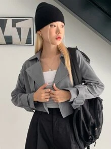 DAZY Epaulettes Design Raglan Sleeve Trench Coat - Grey - View 5