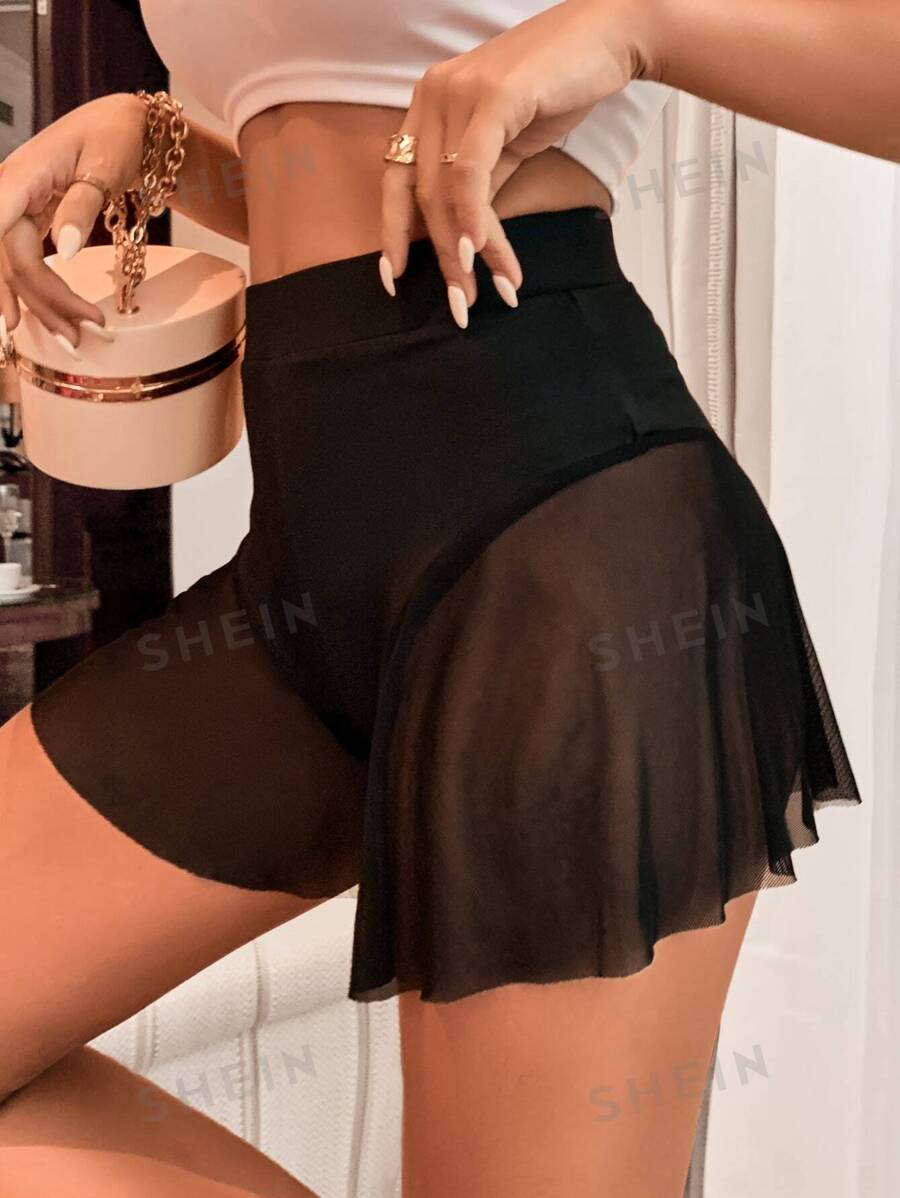 Pantaloni scurți cu tiv cu volan din plasă contrastantă - Negru - Vizualizare 1