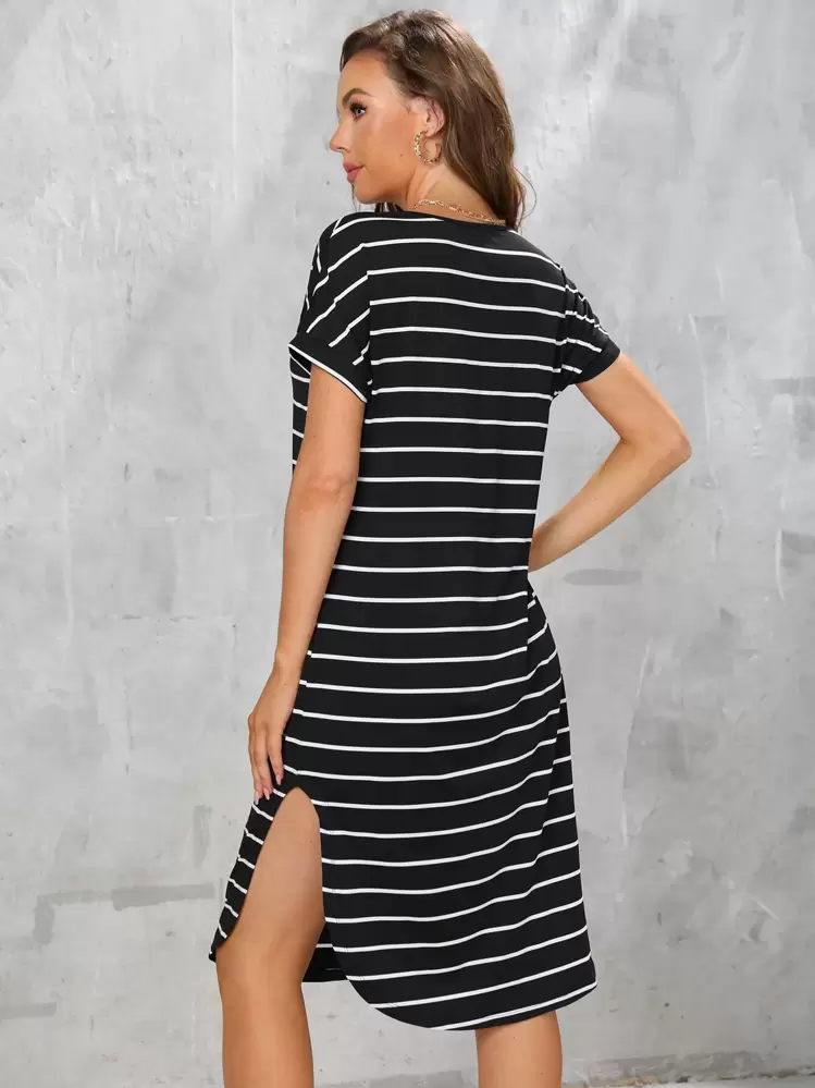 SHEIN LUNE Striped Print Curved Hem Dress - Black - View 2