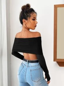 Fold Over Off Shoulder Thumb Holes Crop Top - Black - View 2