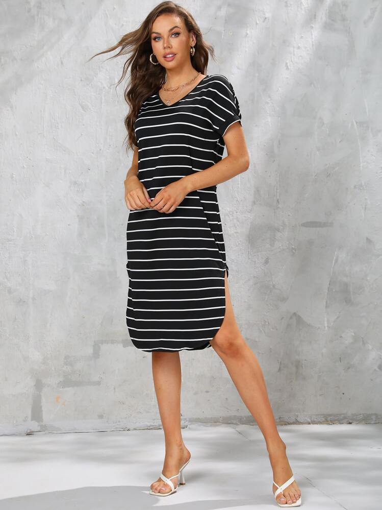 SHEIN LUNE Striped Print Curved Hem Dress - Black - View 4