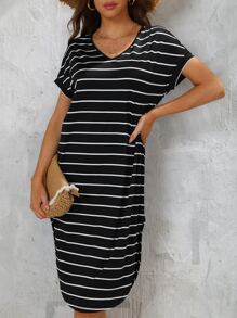 SHEIN LUNE Đầm Chia Sọc Giải trí - màu đen - Xem 5