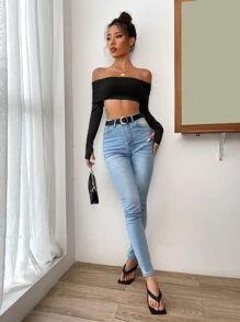 Fold Over Off Shoulder Thumb Holes Crop Top - Black - View 4