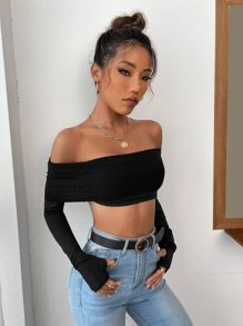 Fold Over Off Shoulder Thumb Holes Crop Top - Black - View 5