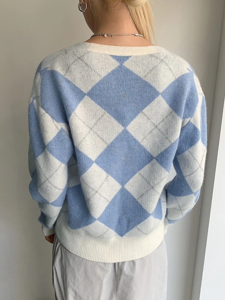 Argyle Pattern Drop Shoulder Cardigan