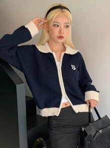 DAZY Letter Embroidered Contrast Trim Raglan Sleeve Cardigan,Fall Women Clothes - Navy Blue - View 1