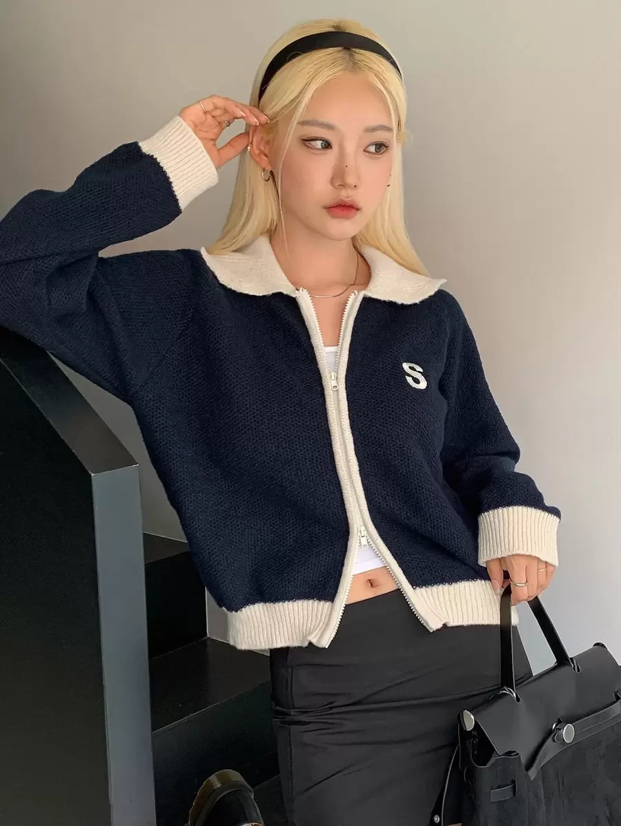 DAZY Letter Embroidered Contrast Trim Raglan Sleeve Cardigan,Fall Women Clothes - Navy Blue - View 1