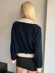 DAZY Letter Embroidered Contrast Trim Raglan Sleeve Cardigan,Fall Women Clothes - Navy Blue - View 2