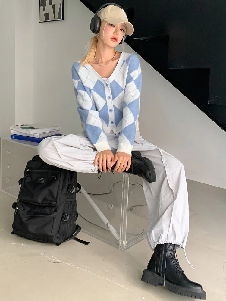 Argyle Pattern Drop Shoulder Cardigan