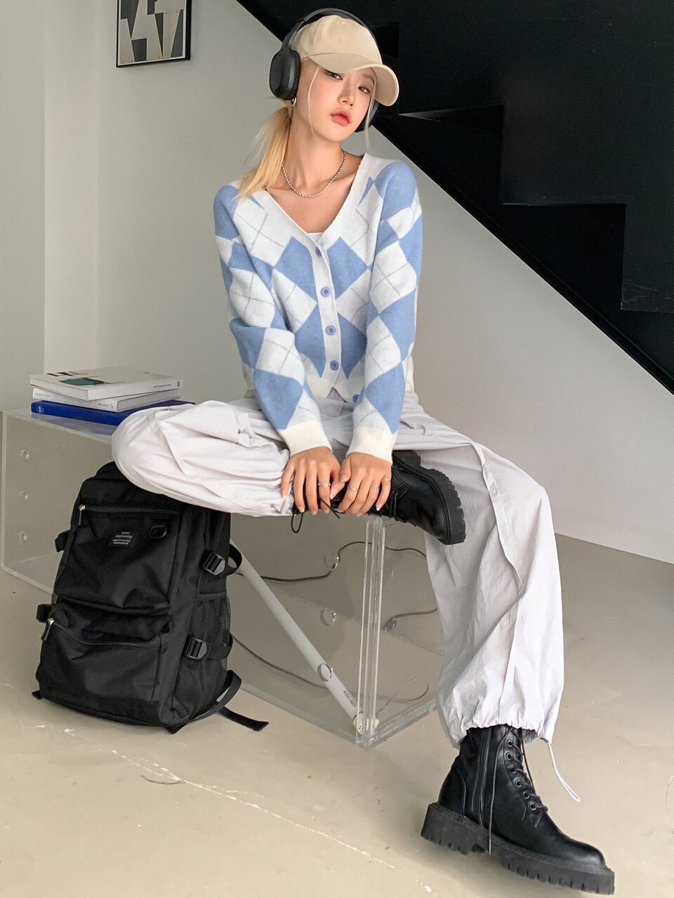 Argyle Pattern Drop Shoulder Cardigan