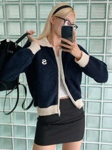 DAZY Letter Embroidered Contrast Trim Raglan Sleeve Cardigan,Fall Women Clothes - Navy Blue - View 3