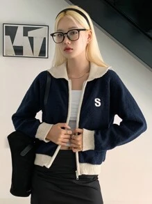 DAZY Letter Embroidered Contrast Trim Raglan Sleeve Cardigan,Fall Women Clothes - Navy Blue - View 4