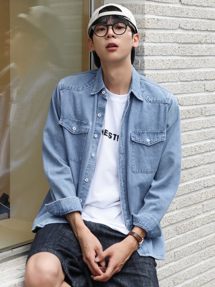 DAZY 男性 フラップポケット デニムシャツ | SHEIN JAPAN