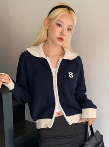 DAZY Letter Embroidered Contrast Trim Raglan Sleeve Cardigan,Fall Women Clothes - Navy Blue - View 5