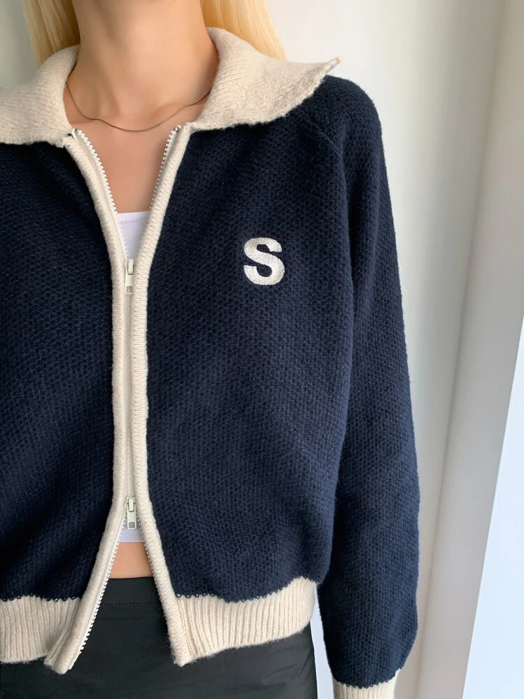 DAZY 文字刺繍 コントラストトリム ラグランスリーブ カーディガン、秋の女性服 - ネイビーブルー - 見る 6