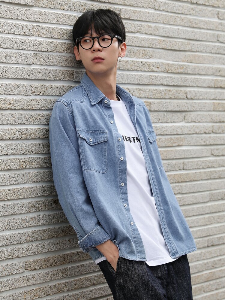 030015●  JEANS ジップ デニム シャツ ジャケット L DAZY 男性 フラップポケット デニムシャツ | SHEIN JAPAN