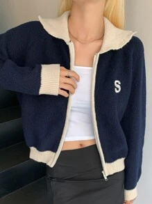 DAZY Letter Embroidered Contrast Trim Raglan Sleeve Cardigan,Fall Women Clothes - Navy Blue - View 8