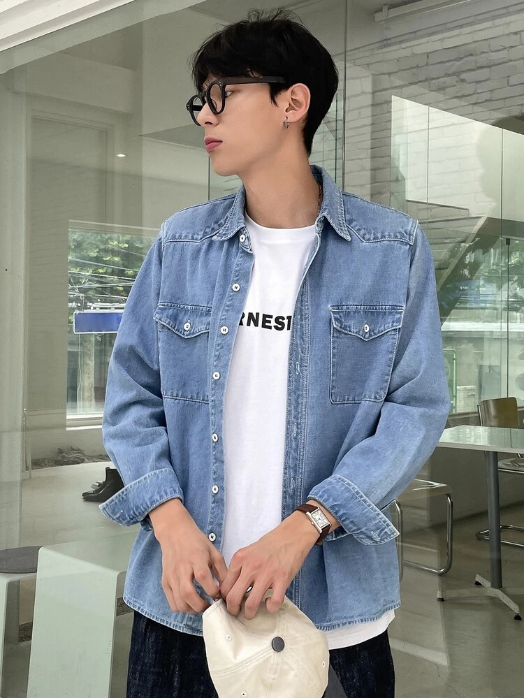 030015●  JEANS ジップ デニム シャツ ジャケット L DAZY 男性 フラップポケット デニムシャツ | SHEIN JAPAN