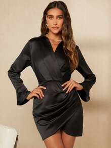 SHEIN Privé Flounce Sleeve Ruched Tulip Hem Dress - Black - View 1