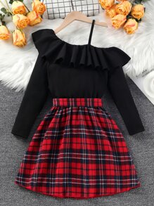 SHEIN Girls Asymmetrical Neck Ruffle Trim Tee & Tartan Belted Skirt - Multicolor - View 2