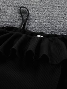 SHEIN Girls Asymmetrical Neck Ruffle Trim Tee & Tartan Belted Skirt - Multicolor - View 3