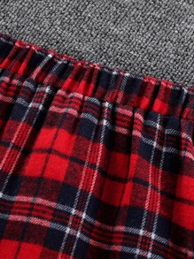 SHEIN Girls Asymmetrical Neck Ruffle Trim Tee & Tartan Belted Skirt - Multicolor - View 6