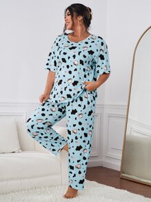 Plus Cow & Letter Graphic PJ Set - Baby Blue - View 3