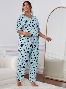 Plus Cow & Letter Graphic PJ Set - Baby Blue - View 4