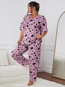 Plus Cow & Letter Graphic PJ Set / Pajama Set - Lilac Purple - View 3