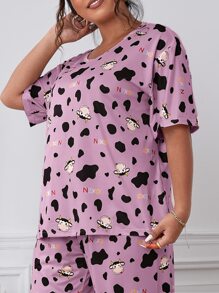 Plus Cow & Letter Graphic PJ Set / Pajama Set - Lilac Purple - View 4