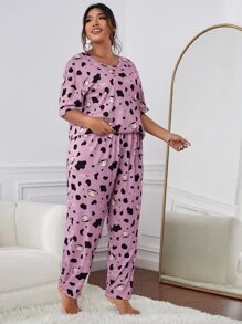Plus Cow & Letter Graphic PJ Set / Pajama Set - Lilac Purple - View 5