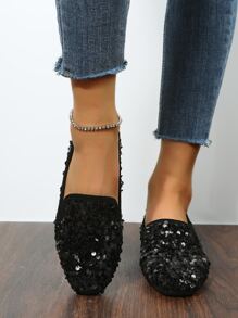 Sequin Decor Square Toe Suedette Loafers - Black - View 3