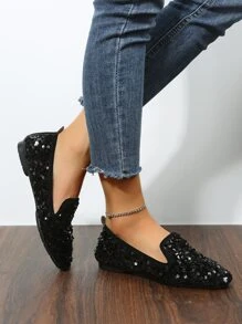 Sequin Decor Square Toe Suedette Loafers - Black - View 4