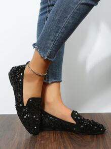 Sequin Decor Square Toe Suedette Loafers - Black - View 5