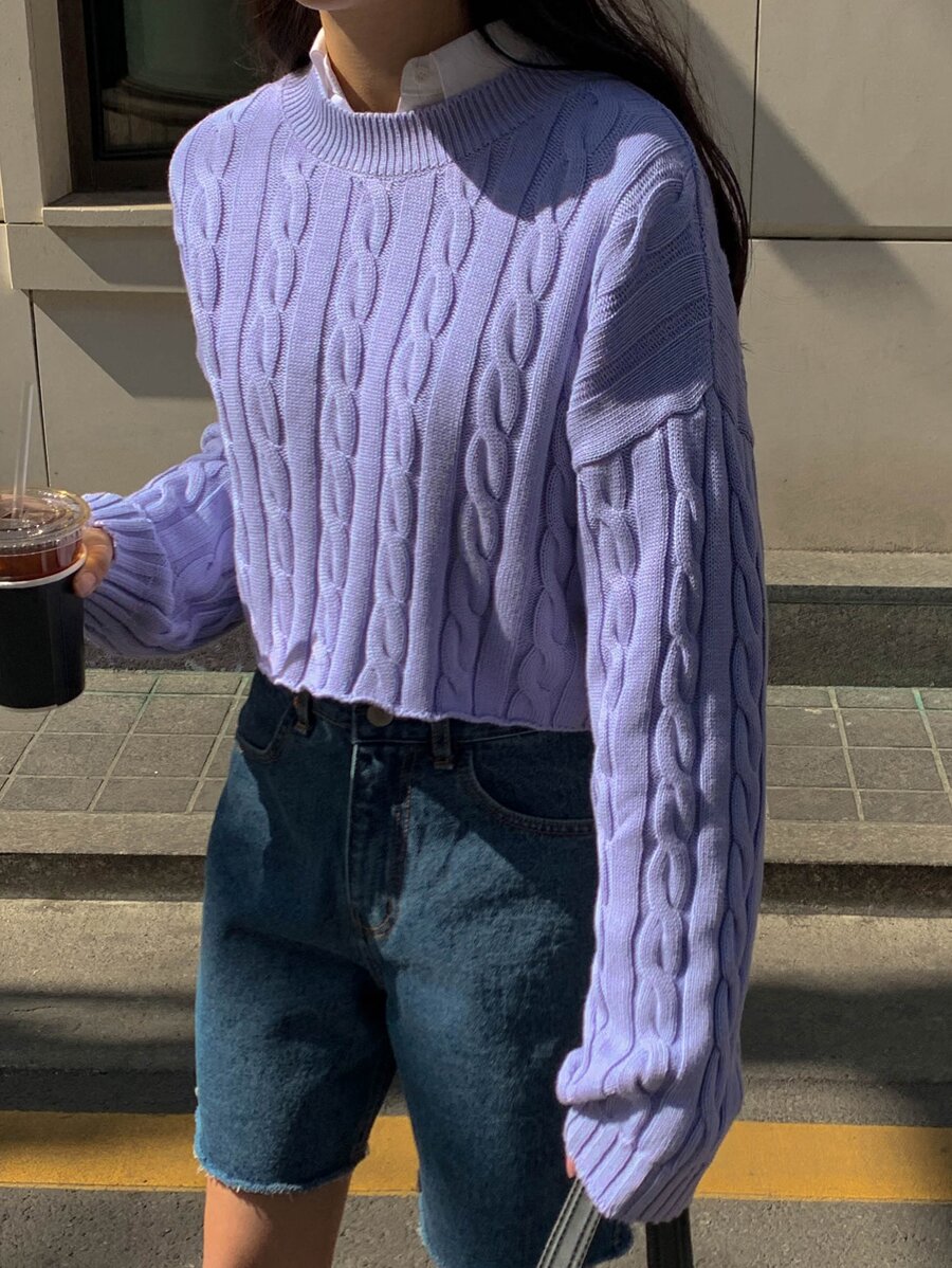 DAZY Cable Knit Drop Shoulder Jumper Without Blouse - Violet Purple - View 1