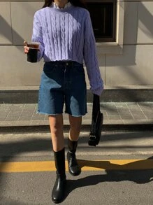 DAZY Cable Knit Drop Shoulder Jumper Without Blouse - Violet Purple - View 3