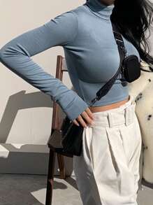 DAZY Áo thun crop top cổ cao trơn, Quần áo mùa thu - Màu xanh lam - Xem 3