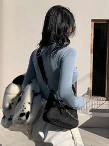 DAZY Áo thun crop top cổ cao trơn, Quần áo mùa thu - Màu xanh lam - Xem 2