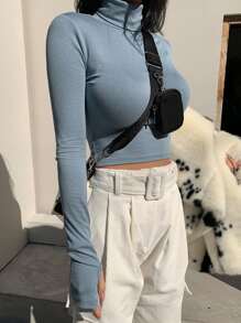 DAZY Áo thun crop top cổ cao trơn, Quần áo mùa thu - Màu xanh lam - Xem 1