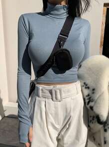 DAZY Áo thun crop top cổ cao trơn, Quần áo mùa thu - Màu xanh lam - Xem 5