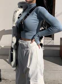 DAZY Áo thun crop top cổ cao trơn, Quần áo mùa thu - Màu xanh lam - Xem 6