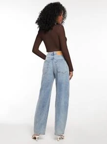 SHEIN EZwear 褶邊螺紋針織短款T恤 - 咖啡棕 - 查看 2