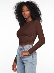 SHEIN EZwear 褶邊螺紋針織短款T恤 - 咖啡棕 - 查看 3